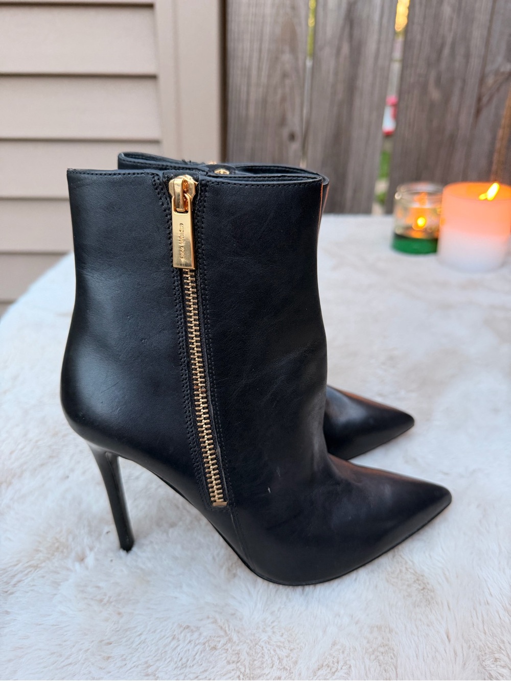MICHAEL Michael Kors Black Leather Pointed Stiletto Ankle Boots with Gold Zip